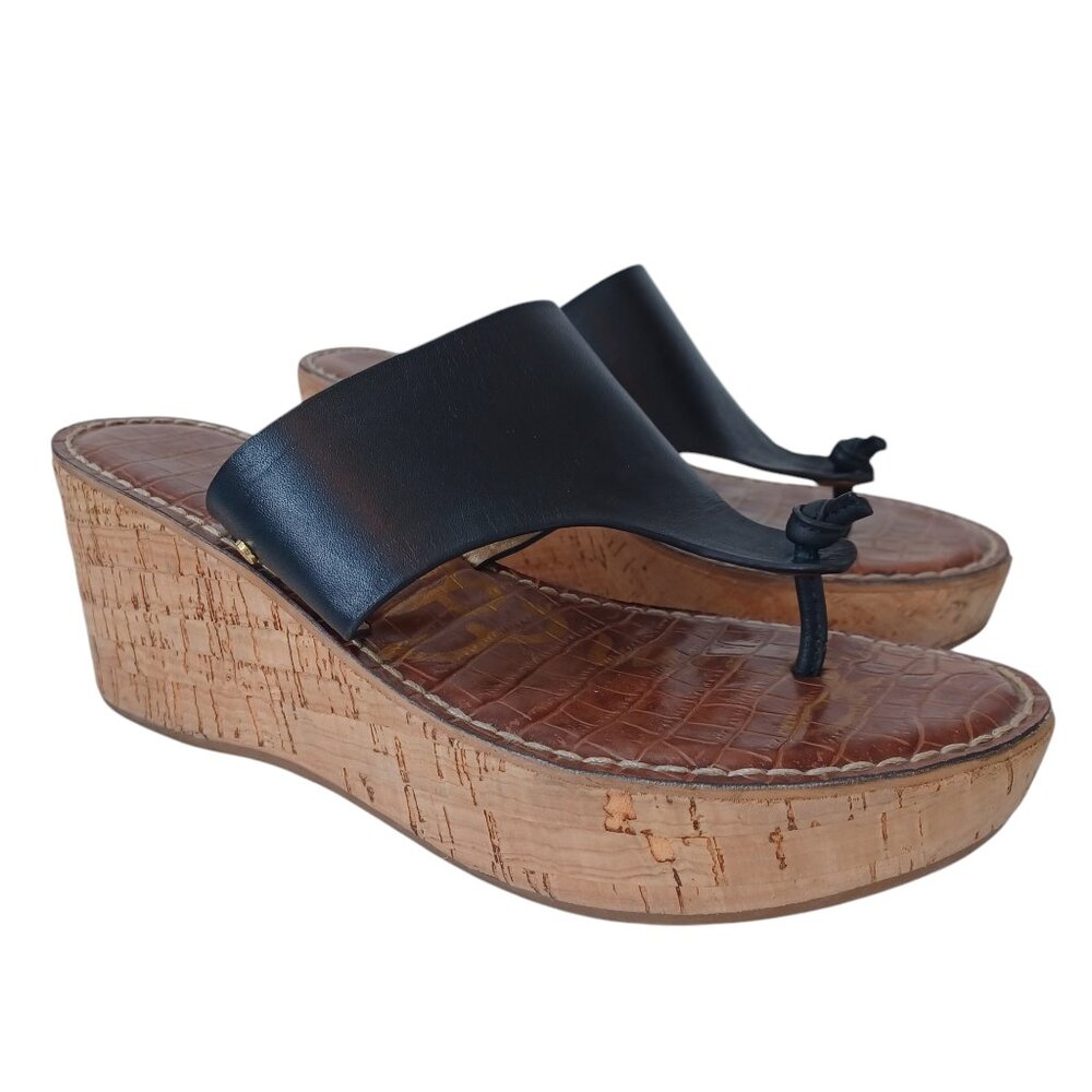 Sam Edelman Cork Wedge Sandals Black Leather Roy 3D Platform Shoes Womens 8.5 - Picture 15 of 15